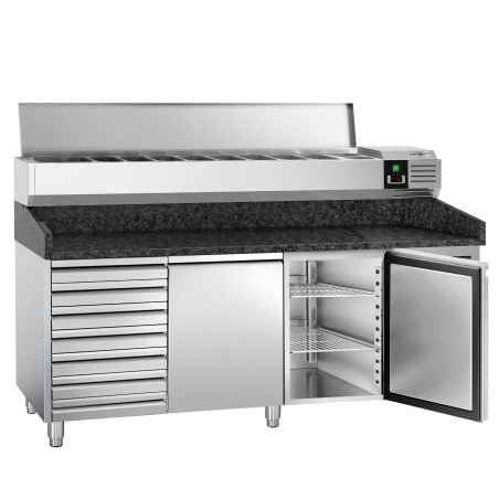 Холодильный стол для пиццы с настольной витриной PREMIUM - 2,0 x 0,8 m/ 2 двери/7 нейтральных выдвижных секции / объем: 390 л GGM Gastro - 3