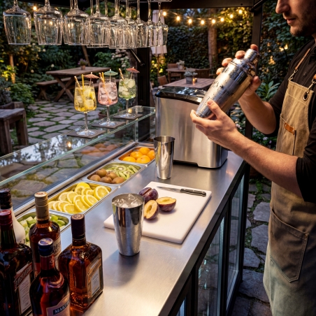 МОБИЛЬНАЯ КОКТЕЙЛЬНАЯ СТАНЦИЯ — С БАРНЫМ ХОЛОДИЛЬНИКОМ, РАБОЧЕЙ ПОВЕРХНОСТЬЮ, СТЕКЛЯННОЙ ВИТРИНОЙ И СВЕТОДИОДНЫМ ОСВЕЩЕНИЕМ GGM Gastro - 12