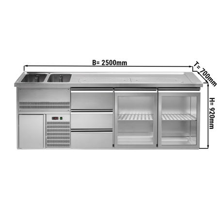 Пивной прилавок 2,5 x 0,7 м - с 2 стеклянными дверцами и 3 выдвижными секциями 1/3 + 1/3 + 1/3 GGM Gastro - 1