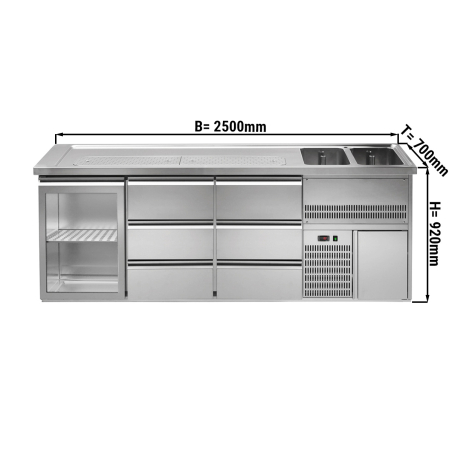 Пивной прилавок 2,5 x 0,7 м (1 стекл. дверца / 6 выдвиж.секции / 2 раковины) GGM Gastro - 1
