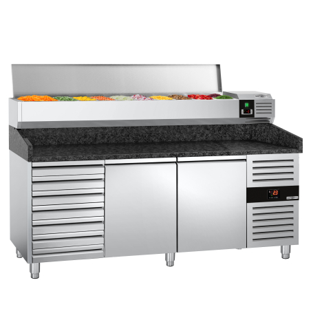 Холодильний стіл для піци PREMIUM - 2,0 x 0,8 m - 2 скляних дверей та 7 шухляд GGM Gastro - 4