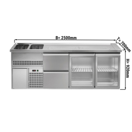 Пивной прилавок 2,5 x 0,7 м - с 2 стеклянными дверцами и 2 выдвижными секциями 1/2 + 1/2 GGM Gastro