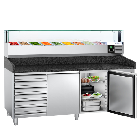 Холодильний стіл для піци PREMIUM - 2,0 x 0,8 m - 2 скляних дверей та 7 шухляд GGM Gastro - 2