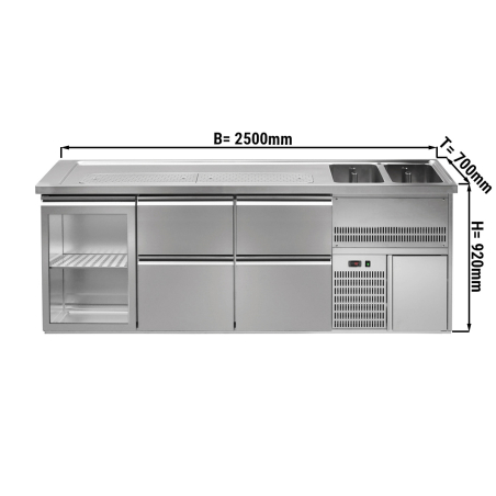 Пивной прилавок 2,5 x 0,7 м (1 стекл.дверца / 4 выдвиж.секции / мощность: 0,5 кВт / 2 раковины ) GGM Gastro - 1