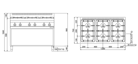 Плита газовая ( 6 конфорок / мощность: 33,5 кВт / автоподжиг) GGM Gastro - 5