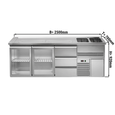 Пивной прилавок 2,5 x 0,7 м - с 2 стеклянными дверцами и 3 выдвижными секциями 1/3 + 1/3 + 1/3 GGM Gastro - 1