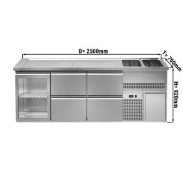 Пивной прилавок 2,5 x 0,7 м (1 стекл.дверца / 4 выдвиж.секции / 2 раковины) GGM Gastro
