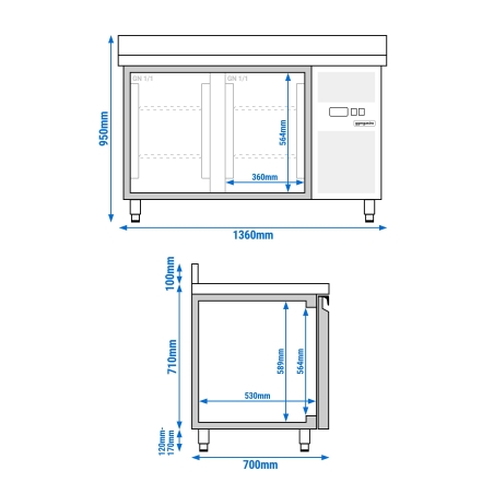 Холодильный стол с бортом ЕСО - 1,36 x 0,7 m / 2 двери GGM Gastro - 12